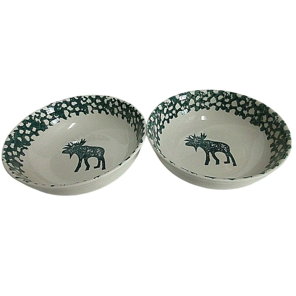Folk Craft Moose Country Green Spongeware Cereal Bowls Tienshan 6.5" set of 2